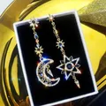 Elegant silver plate Post Asymmetric Star Moon Earrings Long Gold color Chain Inlaid Zircon