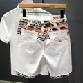 Summer New Denim Shorts Men's Stitching Embroidery Ripped Knee-length Shorts White Black Retro Blue