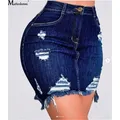 Autumn Women Fashion Denim Skirt Ripped Hip Distressed High Waist Button Pencil Skirts Female