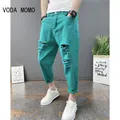 Japanese Trend New Men's Ripped Hole Jeans White Green Black Ankle Length Youth Fashion Loose Denim