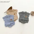Cute jumpsuits kids Baby Clothing BodySuits Summer Short Sleeve Plaid Embroidery Bear Outfits Infant