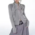 Grey Vintage Zipper Cardigan Women Embroidery Y2k Aesthetic Grunge Sweater Short Jackets Basic