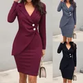 Women Elegant Cotton Dresses Working Office Formal Long Sleeves Bodycon Slim Pure Colors V Back