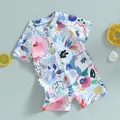 Toddler Baby Boy Girls 1-Piece Swimwear Rompers Short Sleeve Watercolour Print Zipper Bathing Suit