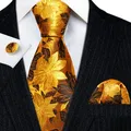 Elegant Mens Ties Gold Leaves Floral Silk Neck Tie Pocket Square Cufflinks Set Wedding Gift Free