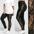 Womens Sexy Leggings Floral Lace Pants Side Sheer Black Leggings Slim Stretch Sexy Trousers Size