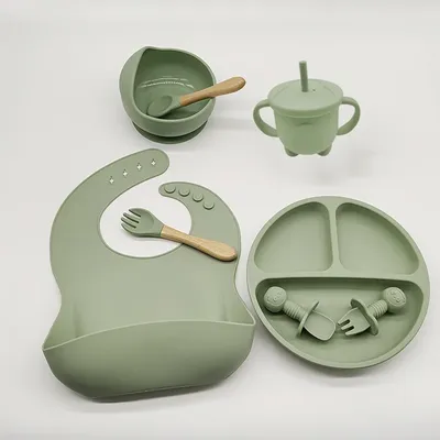 Children's Tableware Set Baby Complementary Food Training Silicone Tableware 8pce Set Baby Suction