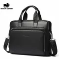 BISON DENIM Men Bag Genuine Leather Work Briefcases 14" Laptop Bag Men's Business Crossbody Bag