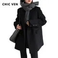 CHIC VEN Women Wool Blend Coat Solid Mid Long Woolen Blazer Thick Warm Blouse Women's Overcoat