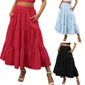 2023 Beach Summer Pleated Tiered Long With Pockets Skirt Dress Waist Women’s Elastic Flowy Swing