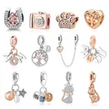 Original 925 Sterling Silver Charm Bead Family Tree Mom Pendant Safety Chain Charms Rose Gold Fit