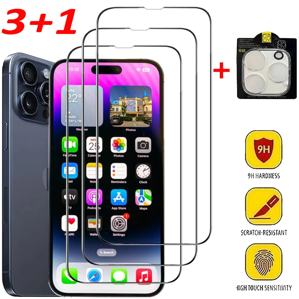 3+1 Screen Protector For iPhone 17 16e 16 15 14 13 Pro Max Tempered Glass For iPhone 16 15 14 Plus Protector Pantalla iPhone 11 13 12 Mini Pelicula Cristal templado iPhone 16e Camera Lens Film