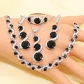 XUTAAYI Silver Wedding Jewelry Sets For Women Flower Shape Black Zircon Bracelet Earrings Necklace