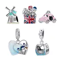Bamoer 925 Sterling Silver Travel London Charm Pink Cable Car Windmill Zirconia Heart Beads for