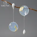 Lotus Fun Agate Exclusive Gemstone Underwater World Whale Asymmetrical Long Drop Earrings for Women