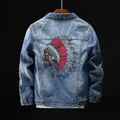 Prowow Fashion Streetwear Men Jacket Retro Blue Indian Chief Embroidery Denim Jackets Men Size M-6XL