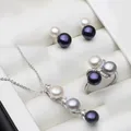 Trendy 925 Silver Natural Freshwater Pearl Necklace And Earrings Set With Ring White Black