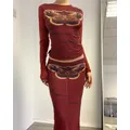 Women Sexy 2 Piece Skirt Set Printed Patterns Long Sleeve Crop Top Split Midi Skirts Outfit Y2k