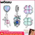 WOSTU 925 Sterling Silver Lovely Pink Clover Charms Peacock Feather Pendant Balloon Bear Bead Fit