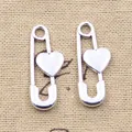 15pcs Charms Pin Brooch With Heart 30x12mm Antique Silver Color Pendants DIY Crafts Making Findings