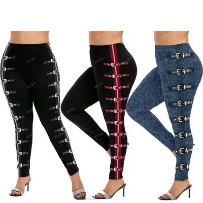 ROSEGAL 5XL Women's Plus Size Leggings Gothic 3D Zipper Buckles Printed Pencil Pants Oversized High Waist Skinny Trousers Mujer