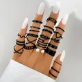 Trendy 22pcs Heart Black Rings Set For Women Vintage Geometric Cross Pearl Butterfly Finger Rings