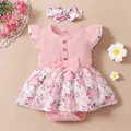 0-18 Months Baby Girl Floral Romper Dress Fly Sleeve Summer Ribbed Jumpsuit with Headband Newborn