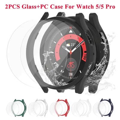2PCS Glass+PC Case for Samsung Galaxy Watch 5 40mm 44mm Waterproof Galaxy Watch 5 Pro 45mm