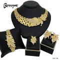 Italian 18K Gold Plated Jewelry Set Square Women Leaf Necklace Earrings Bracelet Ring 4pcs Jewelry