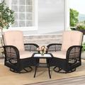 W WARMHOL 3 Pieces Wicker Patio Bistro Set Outdoor Furniture Patio Conversation Set of 360 Degree Swivel Glider Rocker Chair with Thickened Cushions and Glass Coffee Table for Backyard (Dark Brown)