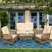 SOCIALCOMFY 5-Piece Wicker Patio Furniture Sets Outdoor All-Weather Rattan Conversation Set Includes Glider Loveseat 2 Glass-Top Coffee Tables 2 Glider Rocker Chairs with Thickened Cushions