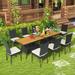 Costway 10 PCS Patio Rattan Dining Set Rectangular Wood Top Tables Cushioned Chair Garden