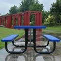 Folding Picnic Table with 4 Benches Outdoor Camping Table Set with Plastic Wood-Like Texture Tabletop & Steel Frame 46 Foldable Camping Table with Umbrella Pole for Picnic Party BBQ Blue