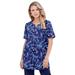 Plus Size Women's Print Notch-Neck Soft Knit Tunic by Roaman's in Navy Graphic Vine (Size 6X) Short Sleeve T-Shirt