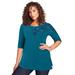 Plus Size Women's Three-Quarter Sleeve Embellished Tunic by Roaman's in Teal Embroidered Vines (Size 38/40) Long Shirt