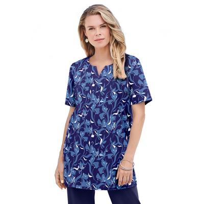 Plus Size Women's Print Notch-Neck Soft Knit Tunic by Roaman's in Navy Graphic Vine (Size 4X) Short Sleeve T-Shirt