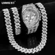 14MM Necklace+Watch+Bracelet Iced Out Watches For Men 2 Row Rhinestone Cuban Chain Necklace Set