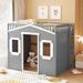 House Loft Bed Full Kids Playhouse Bed, Solid Wood Loft Bed Frame with Window and Ladder, for Girls Boys, Grey+White