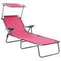 Dcenta Folding Sun Lounger with Canopy Backrest Adjustable Chaise Lounge Chair Steel Frame Beach Day Bed Pink for Patio Pool Garden Balcony Deck Outdoor Furniture 28.1 x 74 x 10.6 Inches