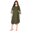 Plus Size Women's Embroidered Acid-Wash Boho Dress by Roaman's in Dark Olive Green (Size 32 W)