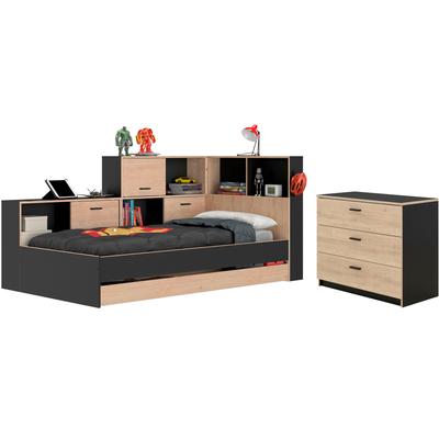 Jugendzimmer-Set GAMI "Erwan", schwarz (kastanie natur, schwarz), B:120cm H:104cm T:221cm, Spanplatte, Schlafzimmermöbel-Sets, Ideal für Kinder- und Jugendzimmer Image
