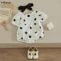 VISgogo Infant Baby Girl Romper Polka Dot Puff Sleeve Bodysuit Jumpsuit Bow Headband Outfit Sweet