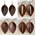 Metal Bar Crazy Horse Leather Leaves Earrings for Women 2021 Free Shipping Vintage Genuine Leather