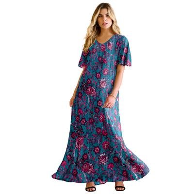 Plus Size Women's Flutter-Sleeve Crinkle Dress by Roaman's in Teal Flowy Batik (Size 34/36)