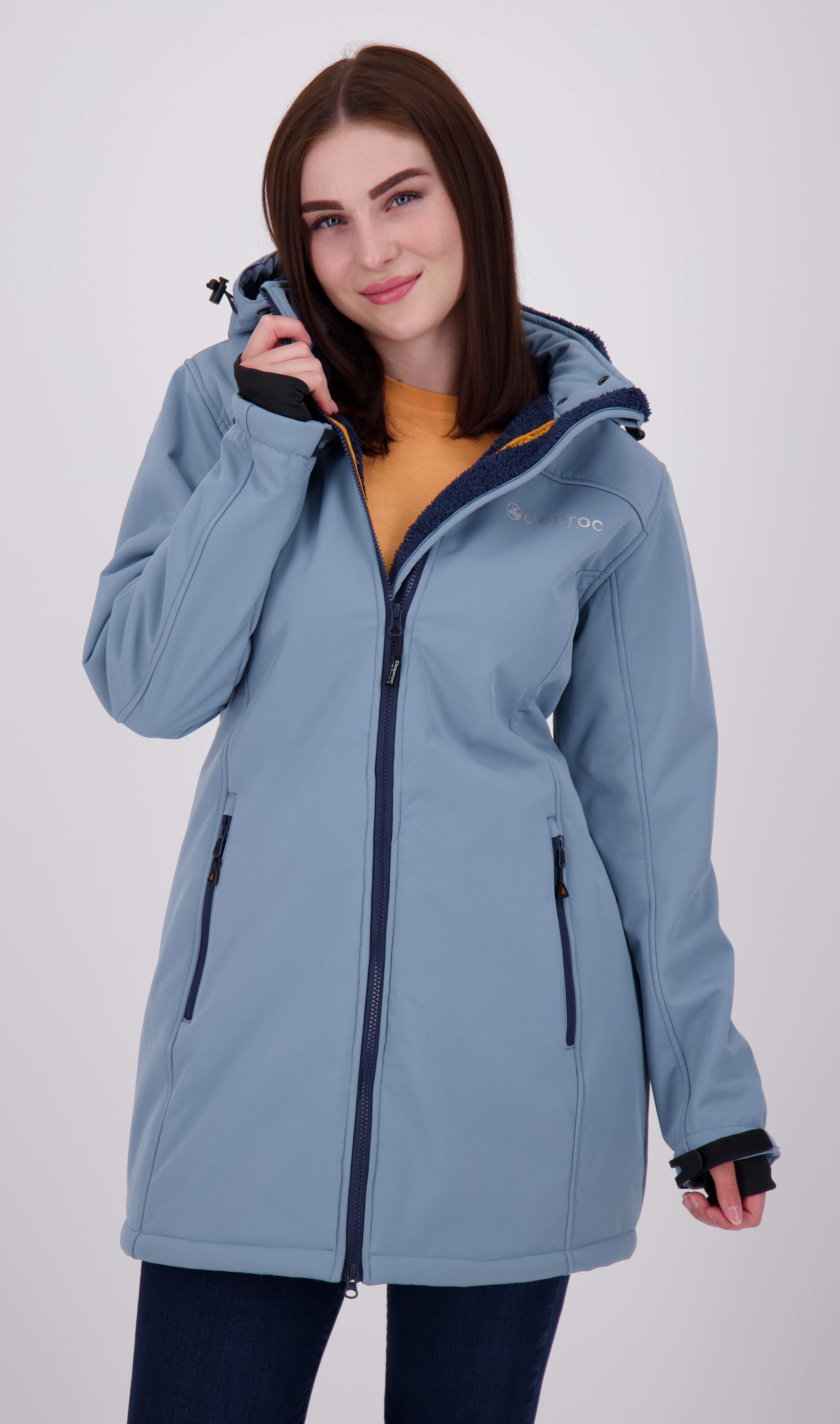 Softshellmantel DEPROC ACTIVE "KEELE PEAK II WOMEN", Damen, Gr. 52 (XXL), blau (citadel), 96% Polyester; 4% Elastan, Windstopperbündchen mit Daumenlöchern,mit Schneefang,mit verstellbarem Klettverschluss, Mäntel, auch in Großen Größen erhältlich