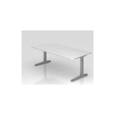 PROREGAL Schreibtisch Mika | Weiß | Silber Gestell | BxT 200x100cm | Arbeitshöhe 65-85cm | höhenjustierbar, 1cm Raster | C-Fuß-Gestell | Bürotisch Image