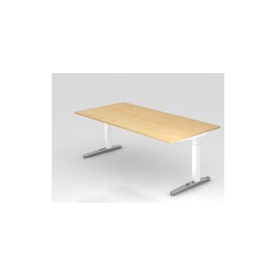 PROREGAL Schreibtisch Mika | Ahorn | Weißes Gestell poliert | BxT 200x100cm | Arbeitshöhe 65-85cm | höhenjustierbar, 1cm Raster | C-Fuß-Gestell Image