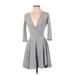 Sadie & Sage Casual Dress - A-Line Plunge 3/4 sleeves: Gray Print Dresses - Women's Size X-Small