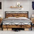 17 Stories Bed Frame w/ Rustic Wood Headboard & Footboard Metal in Brown | 43.3 H x 83.1 W x 78 D in | Wayfair 48DAAB6106804029862C05394C3A8FF0