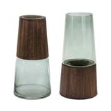 Set of 2 Brown and Green Glass with Wood Tapered Vases 11"